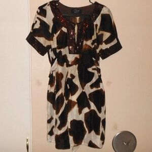 Clips made in Italy 100% silk  shirt brown cream sequin medium